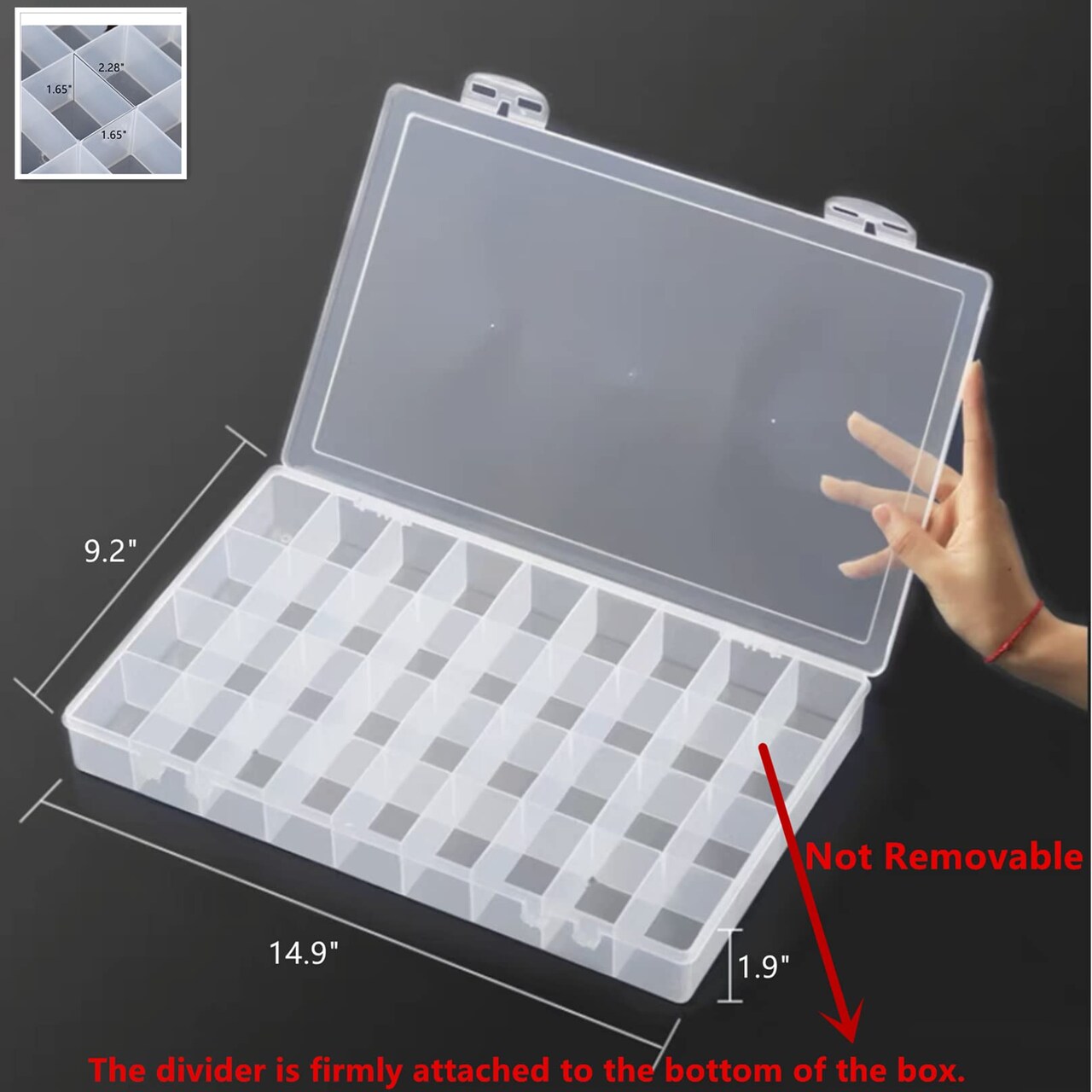 1 PCS 36 Grids Large Plastic Organizer Box with Dividers, Compartment Organizer Box for Nail Accessories/Screw/Sewing Arts and Oil Paint, Bead Storage Containers 14.9" x 9.2" x 1.9" (Clear)
